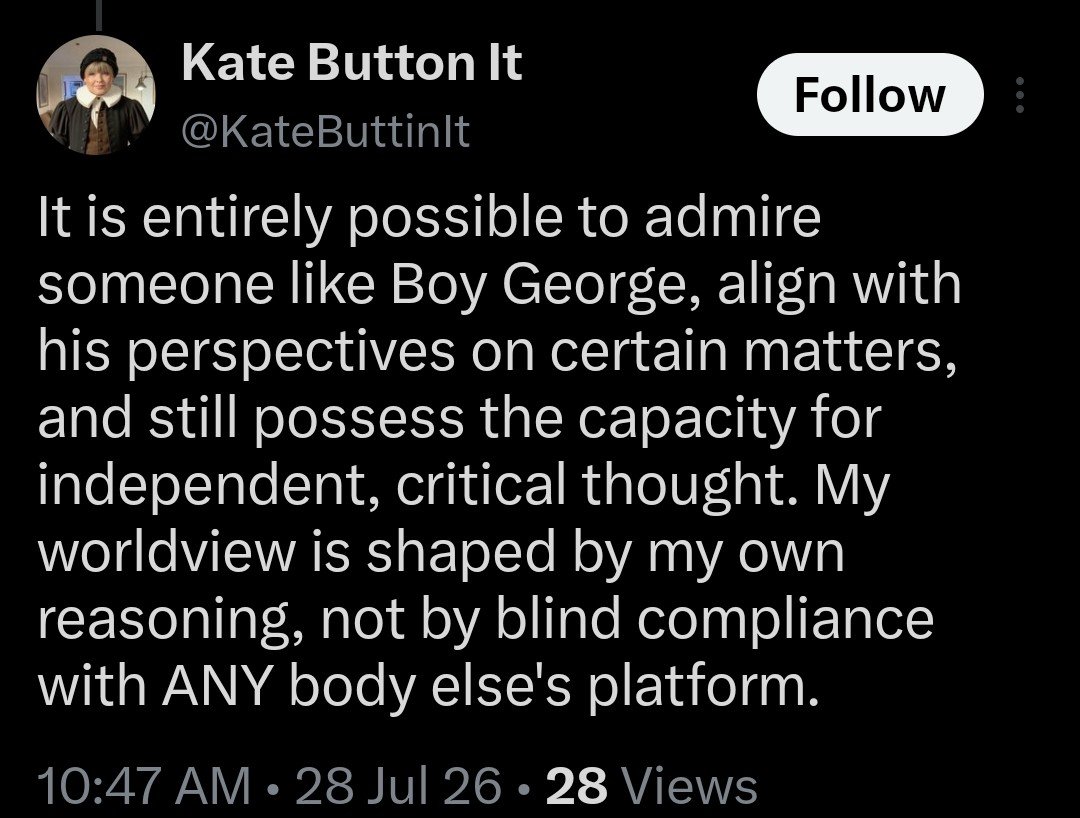 WasYa475's tweet photo. #KateButtonIt, u’re a pathetic fraud who lives up @BoyGeorge @OtherBoyIsBack #BoyGeorge ass &amp; steals my identity.u don’t have a single independent thought in ur empty head,which is y u copy my thread &amp; steal my profile picture just to pretend u exist. 
I b back later 2 post proof https://t.co/XqaDEpOFTv