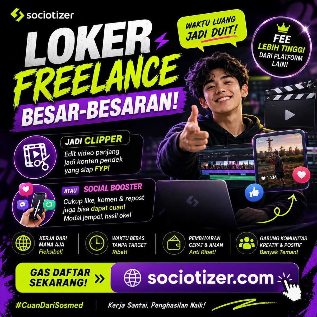 sociotizer's tweet photo. 🚨 URGENT! BUTUH BANYAK CLIPPER 🚨

Ubah waktu scroll jadi cuan! 💸

✂️ Edit video jadi short content 
📱 Modal HP 
⏰ Fleksibel
🔥 Fee kompetitif

Ubah akun sosmed jadi cuan 👇🏻 https://t.co/APwP5zc6sk

Wajib follow @sociotizer sebelum daftar

#sociotizer https://t.co/jGLjBwmhyL