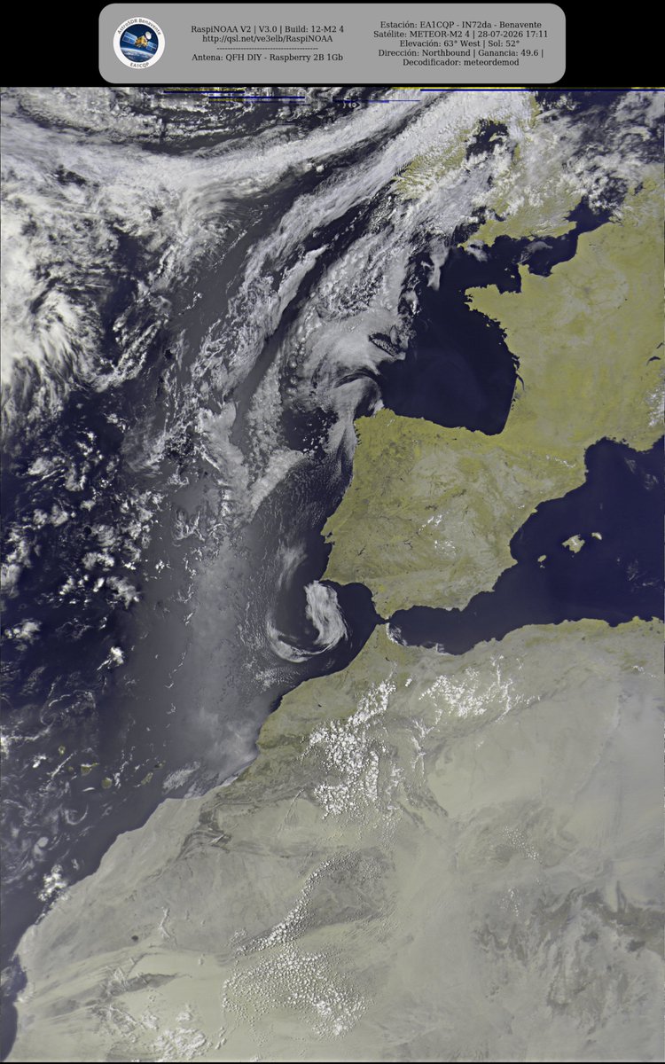 monforra's tweet photo. Ground Station: EA1CQP - IN72da - Benavente METEOR-M2 4 28-07-2026 16:49 CEST Max Elev: 63° W Sun Elevation: 52° Gain: 49.6 | Northbound
#NOAA #MeteorM2_3 #MeteorM2_4 #weather #weathersats #APT #LRPT #wxtoimg #MeteorDemod #rtlsdr #gpredict #raspberrypi https://t.co/4gssRpvXhO