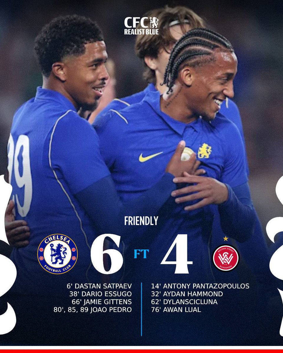 CFC_RealistBlue's tweet photo. FT: Chelsea 6-4 Western Sydney

Joao Pedro scored 3 goals and got 1 assist against western sydnet in 30 minutes 

Dastian Satpaev scored in his first appearance agaunst. Western Sydney. Big you up.

#CFC #CFCRealistBlue https://t.co/elrLusUUeU