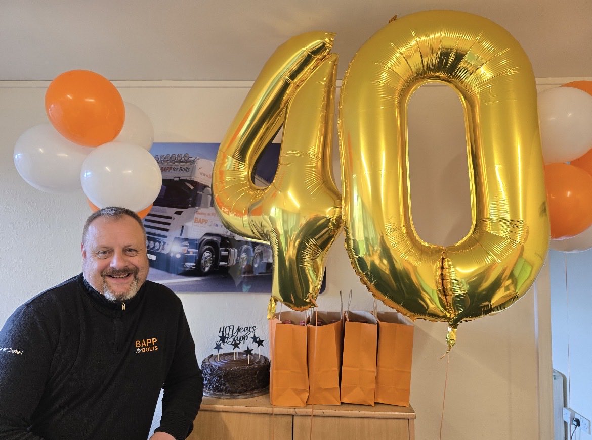 BAPPforBolts's tweet photo. Paul Suthers, our Branch Manager at BAPP Preston, celebrates 40 years service at BAPP today. an incredible and rare achievement!! 🍾 

Thanks for all your hard work over the last 40 years Paul, we hope you enjoy your very special day! 🎉

https://t.co/1mCQx5XBhB https://t.co/FW8VE4u3fG