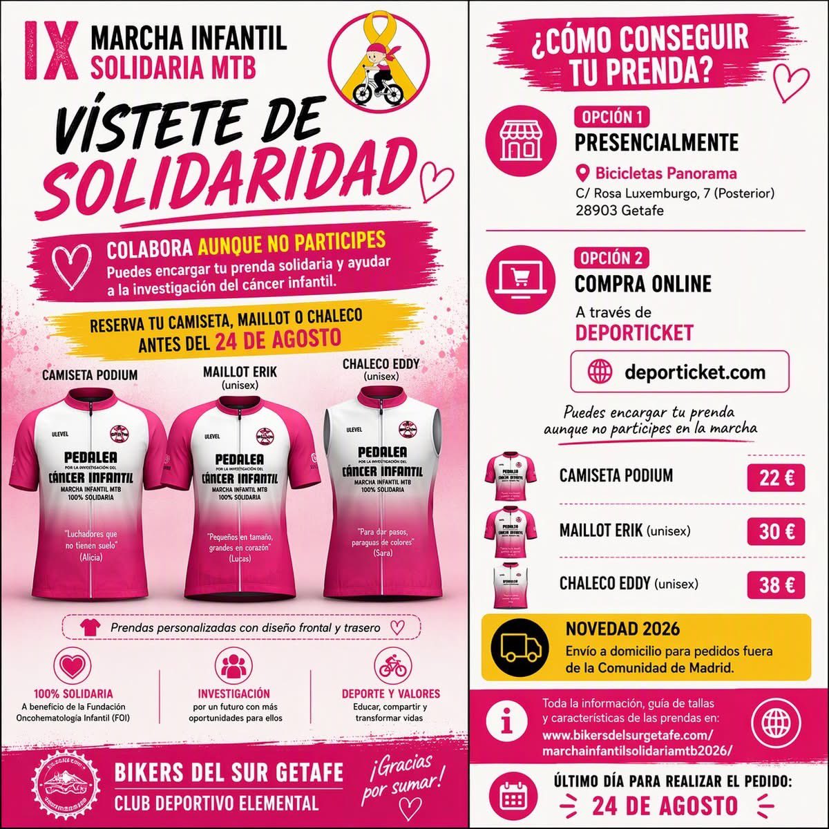 Bikers_del_sur's tweet photo. Reserva tu prenda antes del 24 de agosto: 

✅ Presencialmente

📍 Bicicletas Panorama
C/ Rosa Luxemburgo, 7 (Posterior)
28903 Getafe

✅ Online
A través de DEPORTICKET:

https://t.co/zkFBcno0KB

Guía de tallas:

https://t.co/mAeCyHihAX

#marchainfantilsolidariaMTB https://t.co/gYvIU50tyD