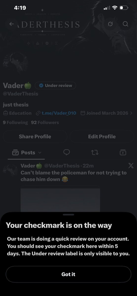 VaderThesis's tweet photo. 20 minutes and my checkmark is yet to be back @X 👀 https://t.co/mupJdzmuQN