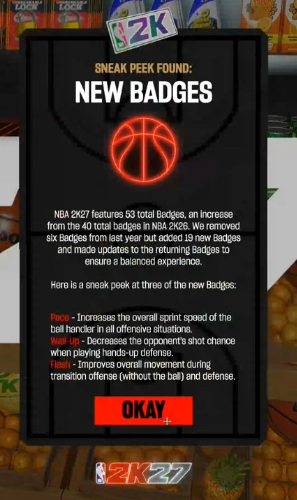 Curr's tweet photo. Sneak Peak #3:

Total badges increased from 40 to 53 badges in 2k27
- 6 badges removed from last year
- 19 new badges added including Pace, Wall-Up and Flash https://t.co/WUpXDueDAS
