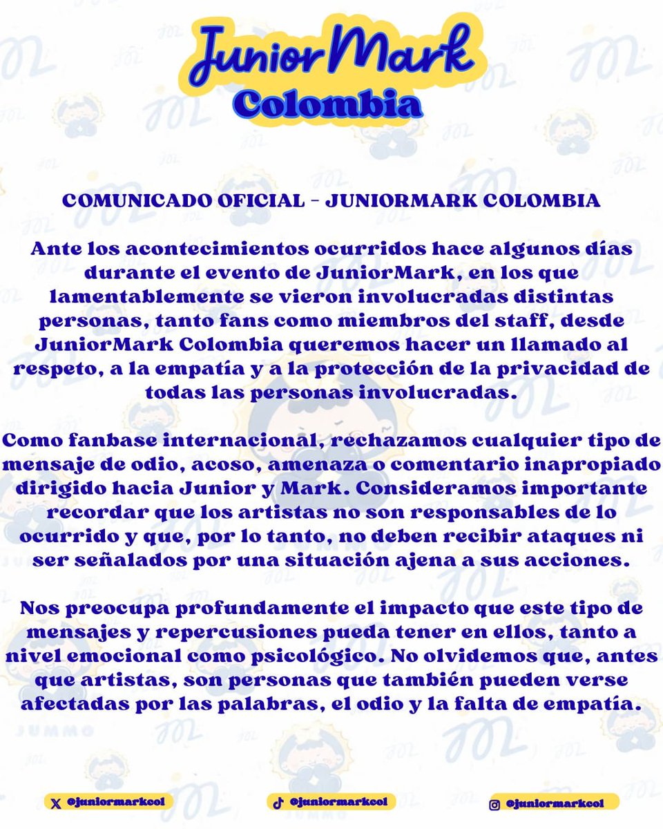 JuniorMarkCol's tweet photo. 🚨¡COMUNICADO OFICIAL! 🚨
Siempre estaremos para ustedes @jnnrrs
@Markjrtn 💛💙✨ 

#juniormark #markjrtn #jnnrrs https://t.co/vygbyeKekh
