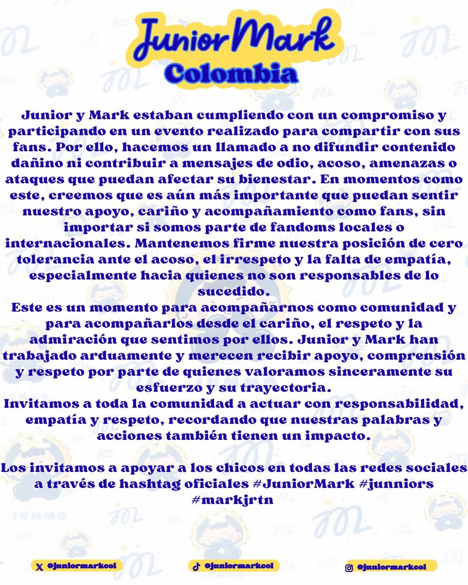 JuniorMarkCol's tweet photo. 🚨¡COMUNICADO OFICIAL! 🚨
Siempre estaremos para ustedes @jnnrrs
@Markjrtn 💛💙✨ 

#juniormark #markjrtn #jnnrrs https://t.co/vygbyeKekh