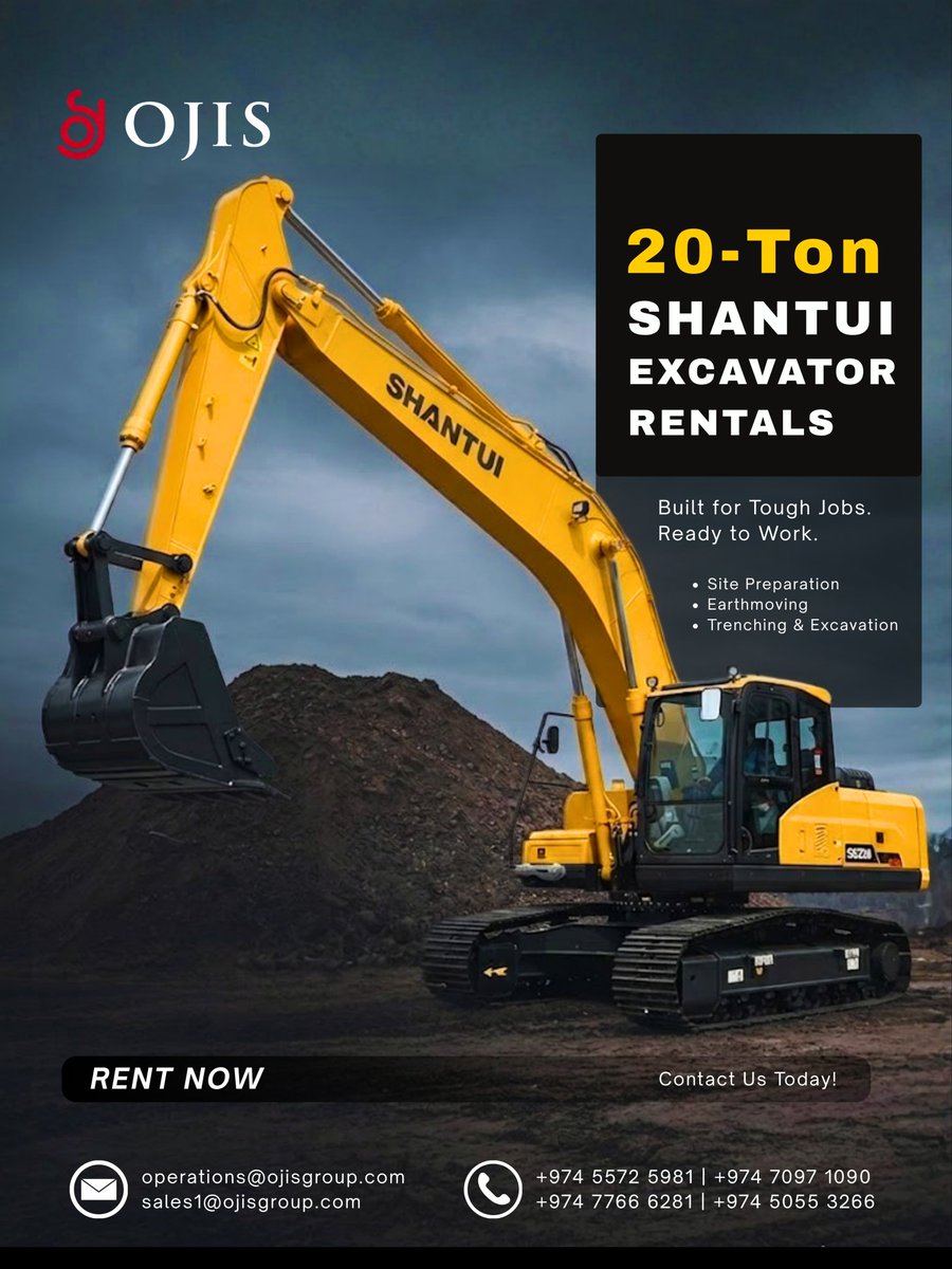 Ojis_Qatar's tweet photo. 🚜 20-Ton Shantui Excavator Rentals – Built for Tough Jobs!
📞 Contact Us Today
+974 5572 5981
+974 7097 1090
#OJISGroup #ExcavatorRental #Qatar #ConstructionEquipment #HeavyEquipment  #SitePreparation #Construction #EquipmentRental  #Qatarconstruction #Qatar #Rentalvehicles https://t.co/WGbhBE5cxd