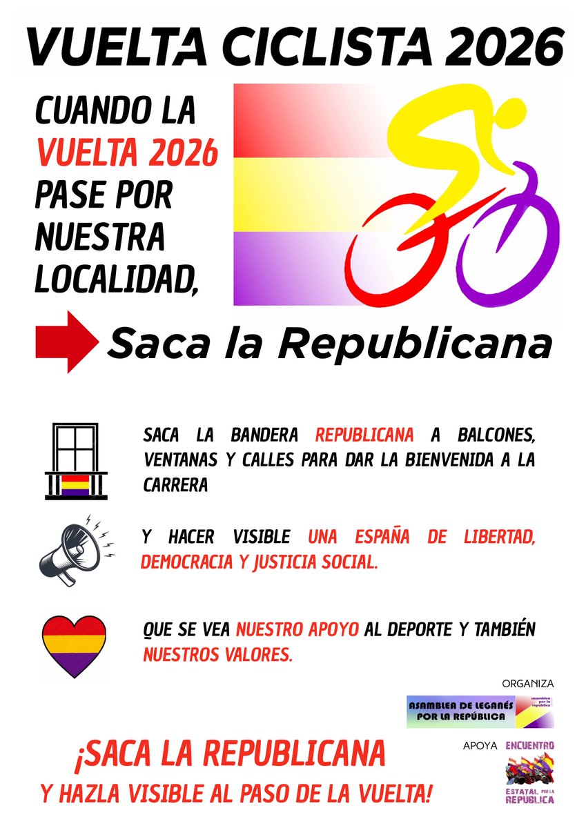 EncuenPorLaRep's tweet photo. 🔴  Os invitamos a sacar las banderas republicanas y las de cada territorio, así como las banderas por la paz y contra la guerra en #LaVuelta26 👇https://t.co/Abfq1xA5NA

🟡 Campaña de As. Leganés por la República  que apoyamos desde el Encuentro

🟣 #Vuelta26SacaLaRepublicana https://t.co/5GSFMmviSR