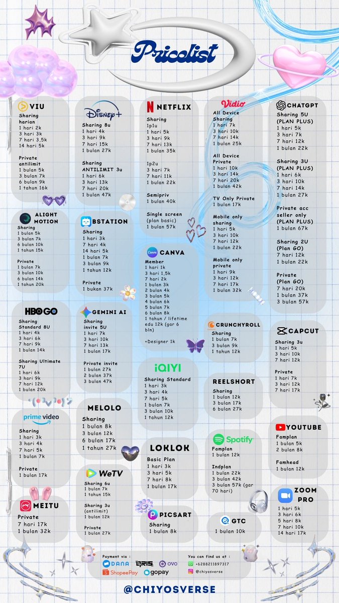 annavilleraa's tweet photo. ✨ AYOO GAISS JAJANN AKU OPEN

Netflix • Disney+ • Prime • HBO • WeTV • Vidio • Viu • iQIYI • Bstation • Loklok  • YouTube • Canva • CapCut • DLL

📩 Order: https://t.co/sXFMIqs3OM
pl lengkap : https://t.co/FcMoVFxNzG

#zonauang #zonajajan #zonaba #bealanja #wtb #wts https://t.co/cXAwQj1dEf