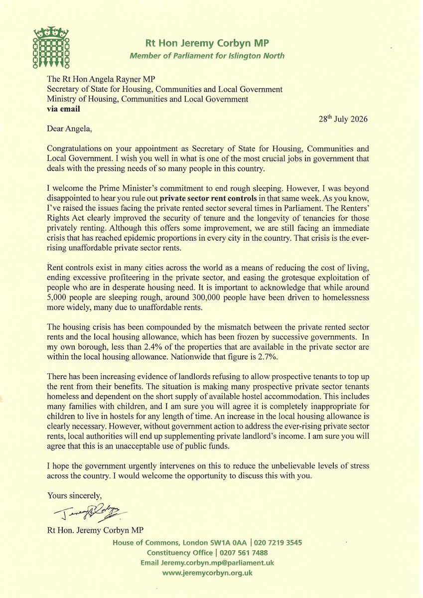 jeremycorbyn's tweet photo. I have written to Angela Rayner to demand the immediate implementation of rent controls. 

Other countries control private rents. Why can't we? https://t.co/nY92FlqlNk