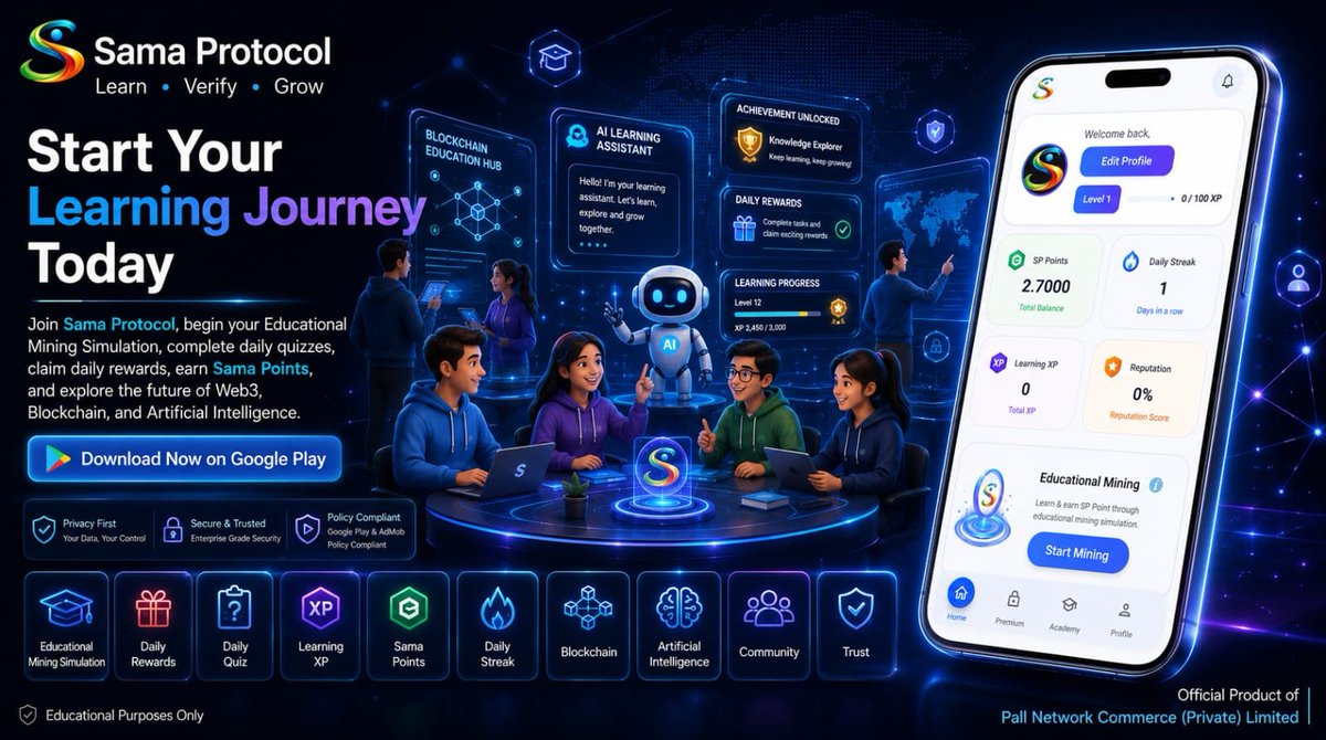 Sama_Protocol1's tweet photo. 🚀 Start your new learning journey with Sama Protocol!

Join today, start your Educational Mining Simulation, earn Sama Points, and explore the future of Web3, Blockchain &amp; AI.

#SamaProtocol #Web3 #Blockchain #AI #LearnAndGrow #PallNetwork https://t.co/mobZawzxVx