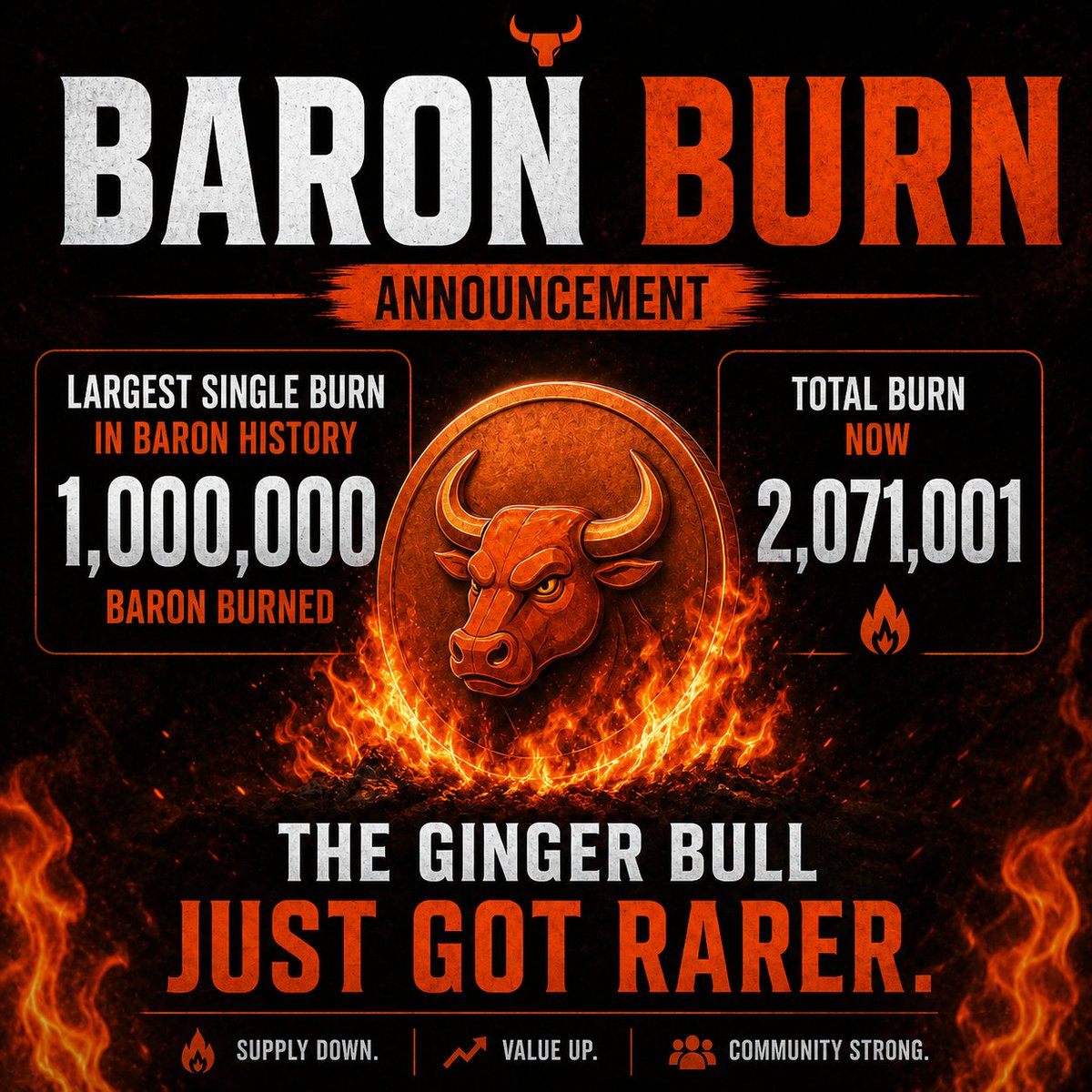 GingerBullBaron's tweet photo. 🔥 BARON Burn Update 🔥
A community chad just dropped 1,000,000 BARON straight into the fire...  
The largest single burn in project history. 
Total burn now sits at 2,071,001. 
The Ginger Bull just got rarer.   
Thank you, Chad.
#BARON #Cronos #CROfam $Baron https://t.co/ZN4H1z6qxB