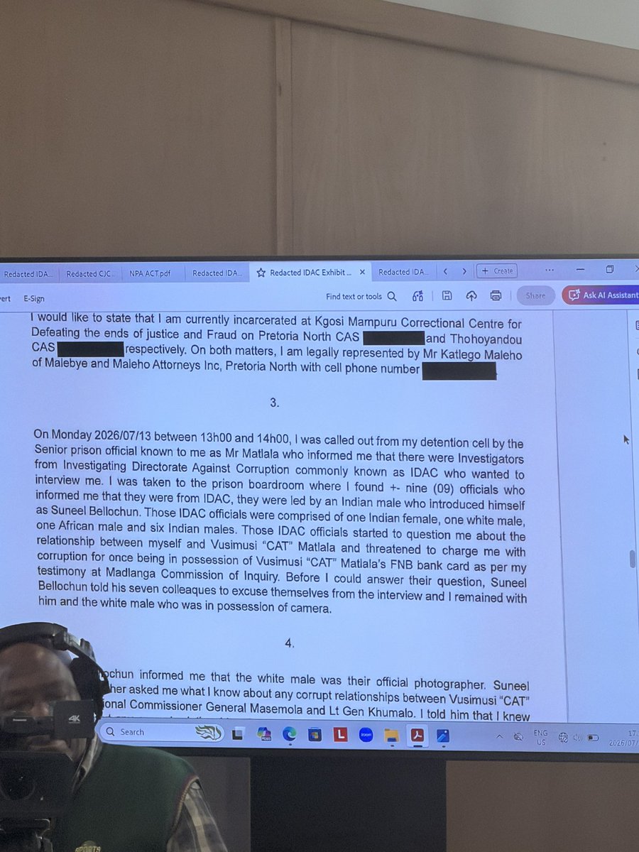 KayaNews's tweet photo. The Madlanga Commission has received a complaint submitted on behalf of Fannie Nkosi by his legal representatives.

According to the complaint, Nkosi alleges that officials from IDAC visited him in prison on 13 July to interview him about ongoing investigations relating to Medicare.

Nkosi further alleges that the investigators sought to persuade him to implicate Fannie Masemola, and Dumisani Khumalo by linking them to businessman Vusimuzi Matlala. 

The complaint states that the interview was conducted by IDAC senior investigator Suneel Bellochun.

#KayaNews #MadlangaCommission TT
