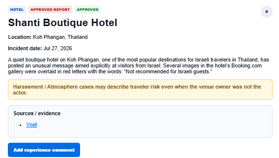JookingRadar's tweet photo. Jooked 🪳

Another travel incident reported on https://t.co/0oVszm7r6c.

Transparency matters. Travelers deserve to know before they book.
@antisemitism @IsraelMFA @IsraeliPM @TimesofIsrael @IsraelHayomEng @TourismIsrael @CombatASemitism @FrankPILA https://t.co/KLDnmkBduN