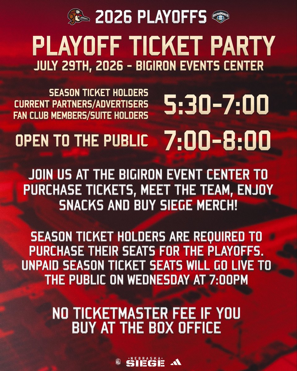nesiege's tweet photo. Playoff football is around the corner ππ
Join us Wednesday, July 29, at the BigIron Events Center for our Playoff Ticket Party. Purchase your playoff tickets, meet the team, and buy Siege merch!
Donβt miss your chance to be part of the home-field advantage!
#SiegeNation https://t.co/PvuvjrjpHm