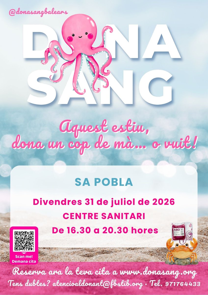 donantssapobla's tweet photo. ⚠️ DONACIÓ DE SANG I PER AFÈRESI (Campanyes conjuntes)

🕟 De 16.30 a 20.30 hores

📍 Centre sanitari

-‐----------------------------

🌍 https://t.co/CSaCDpq5H3

📧 citaprevia@fbstib.org

📱 971764433

‼️Si teniu una cita concertada i no podeu venir, avisau per anul·lar-la. https://t.co/4v2D4cy6Ok