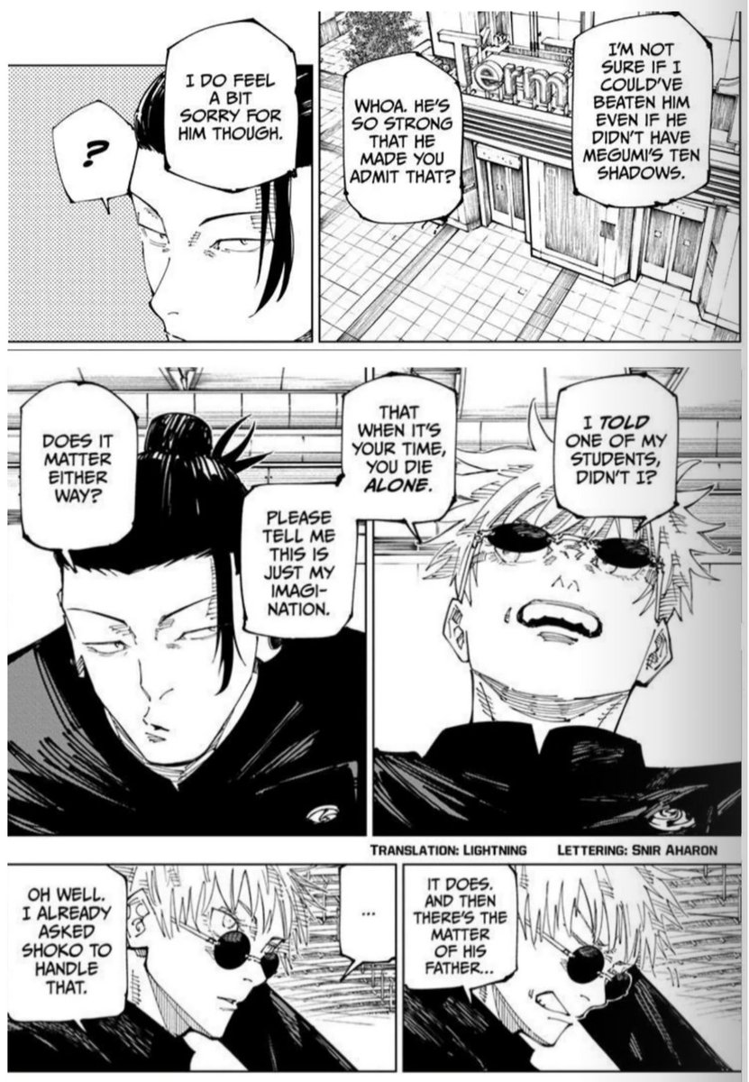soreserenade_'s tweet photo. ask any student at jujutsu tech who Gojo’s favorite student is, and they’ll say Megumi. the fact that Maki stated Gojo favored Megumi the most, that Yuji observed how close they were, and that Megumi was the only student Gojo spoke about in the afterlife says it all. https://t.co/tzghkYz6aP