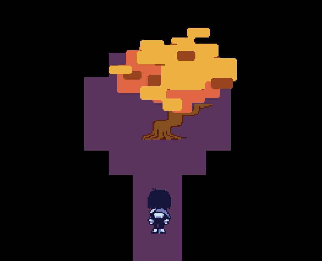 blookarissa's tweet photo. deltarune 10th anniversary livestream where the forgotten man's tree has the same colours as the hometown trees 
just like how gaster's door is normal coloured in the ut stream https://t.co/zeqNnvsOUU