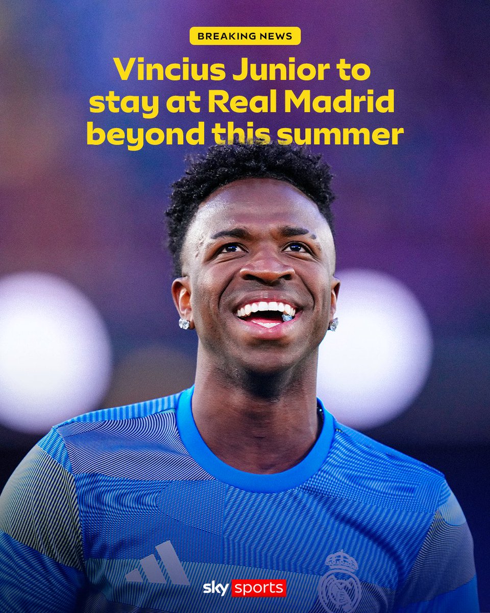 SkyFootball's tweet photo. BREAKING: Real Madrid have no intention of selling Vinicius Junior and are confident he will agree to a new contract, Sky Sports News has been told 💰❌ https://t.co/Q5FEAz75ZQ