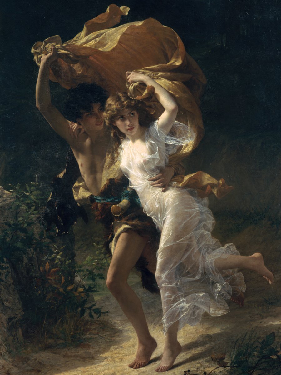metmuseum's tweet photo. Sometimes the best stories begin with getting caught in the rain. 🌧️

In "The Storm," artist Pierre-Auguste Cot captures a young couple caught in a sudden autumn downpour, racing for shelter while using the heroine's overskirt as an impromptu umbrella.

When Cot exhibited this painting at the Salon of 1880, critics speculated about the source of the subject. Some proposed the painting was inspired by the popular French novel "Paul et Virginie," which tells the story of two childhood friends who fall in love. In one memorable scene, the young couple shelters from a sudden rainstorm beneath a shared piece of fabric, closely echoing Cot's composition.

☔️ Stay dry this week and take a cue from "The Storm." Spend a rainy day at The Met, explore the galleries, and who knows—you might just find your own love story along the way! 
———
🎨 Pierre-Auguste Cot (French, Bédarieux 1837–1883 Paris), "The Storm," 1880. Oil on canvas.