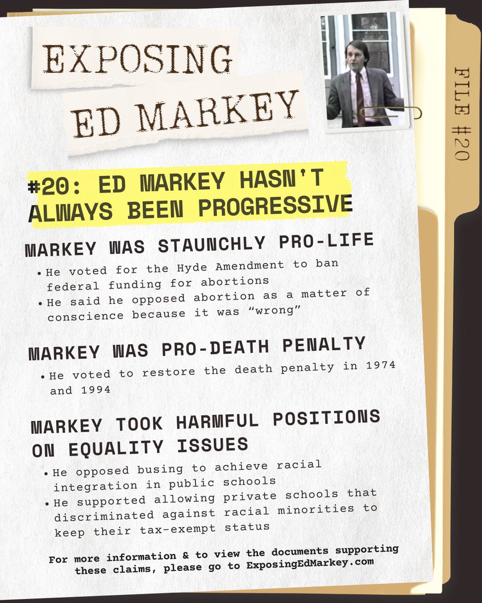 sethmoulton's tweet photo. File #20 [“The Chameleon”] Ed Markey hasn’t always been progressive.

Ed Markey was a staunch advocate against women’s bodily autonomy and voted for multiple pieces of legislation banning abortion.

Ed Markey voted in support of the death penalty multiple times over his first few decades in office, which disproportionately impacted marginalized communities. 

Ed Markey opposed racial integration on buses during the Boston busing crisis.

Visit https://t.co/j498DDV8Zv for more information and sources.