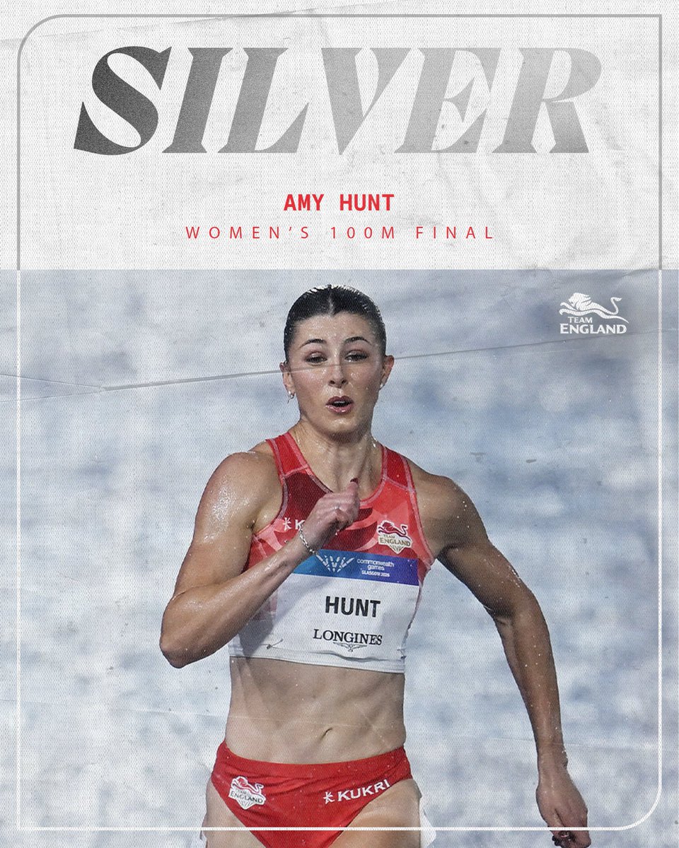 TeamEngland's tweet photo. She’s on the podium 💖

A bit of Amy Hunt magic earns her silver in the Women’s 100m in 10.98 🪄

#glasgow2026 https://t.co/TKPUtnHnyW