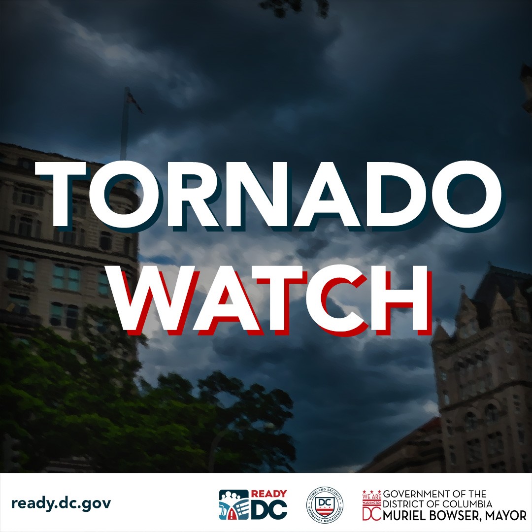 DC_HSEMA's tweet photo. The National Weather Service has issued a Tornado Watch for the District of Columbia until 10:00 PM tonight (July 28).

A Tornado Watch means that tornadoes are possible in the area.

Strong winds may cause downed trees or branches, localized power outages, and damage to homes and buildings.

BEFORE A TORNADO:
- Secure loose outdoor objects like trash cans, outdoor furniture, and other items that could become dangerous flying debris during a tornado.
- Charge your phone and other communication, medical, or assistive devices in case of a power outage.
- Identify a safe space to shelter if a Tornado Warning is issued.

DURING A TORNADO:
- Go to the nearest sturdy building. If you're not near a building, enter the nearest Metro station. 
- Move to an interior room on the lowest floor if possible. STAY AWAY from windows.

Visit https://t.co/Si13xWFDI4 for tornado safety tips.

#dcwx
