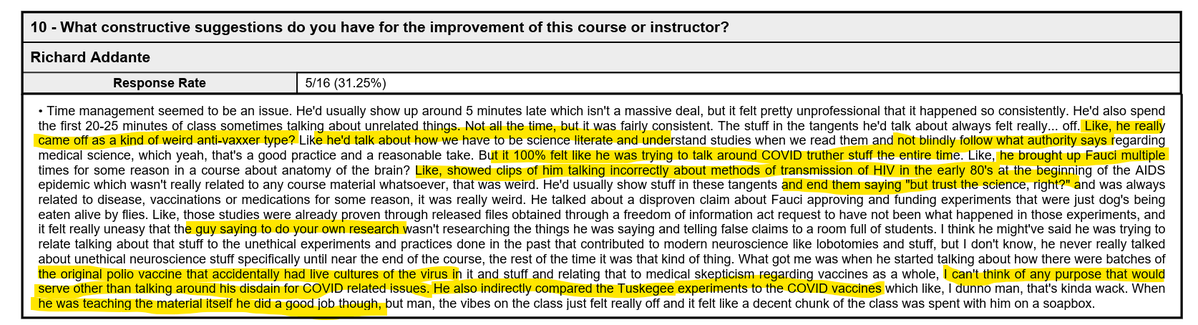 RickAddante's tweet photo. TOTAL BADGE OF HONOR: Found a student course evaluation from 2021 at Florida Tech, "complaining" that I taught about Fauci and the anti-vax Covid truths we now know to be true, and complaining that I taught not to just blindly "Trust the Experts". In the Florida heroically kept open in Covid by @RonDeSantis, @FLSurgeonGen @ChristinaPushaw, and led nationally by @ScottAtlas_IT @DrJBhattacharya @AndrewZywiecMD @RandPaul . Its a Badge of Honor to have been proven Right all along, to have been one of the very few Science Professors in America who boldy taught the Truth in an age of lies & tyranny that cost many people their lives.