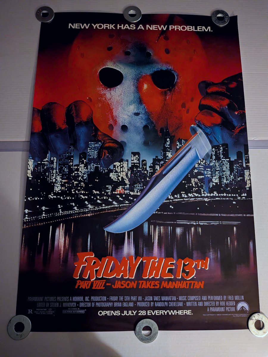 MikalJoseph1980's tweet photo. A little bit of trivia on the film's anniversary—the infamous "I ♥️ NY" poster for FRIDAY THE 13TH PART VIII: JASON TAKES MANHATTAN was pulled from distribution after The New York Tourism Committee threatened to sue Paramount over infringing on their trademark. Here's my original, autographed by Jason actor Kane Hodder, as well as my original of the "Skyline" poster that replaced it in theaters.