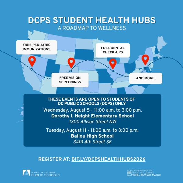 dcpublicschools's tweet photo. Still need to check immunizations off your to-do list before the new school year? We’re inviting families to visit an upcoming DCPS Health Hub where DCPS students can receive eye exams, dental check-ups, immunizations, resources, &amp; more.

Register today: https://t.co/tqfheoHHKF https://t.co/VlDJtwe9s5