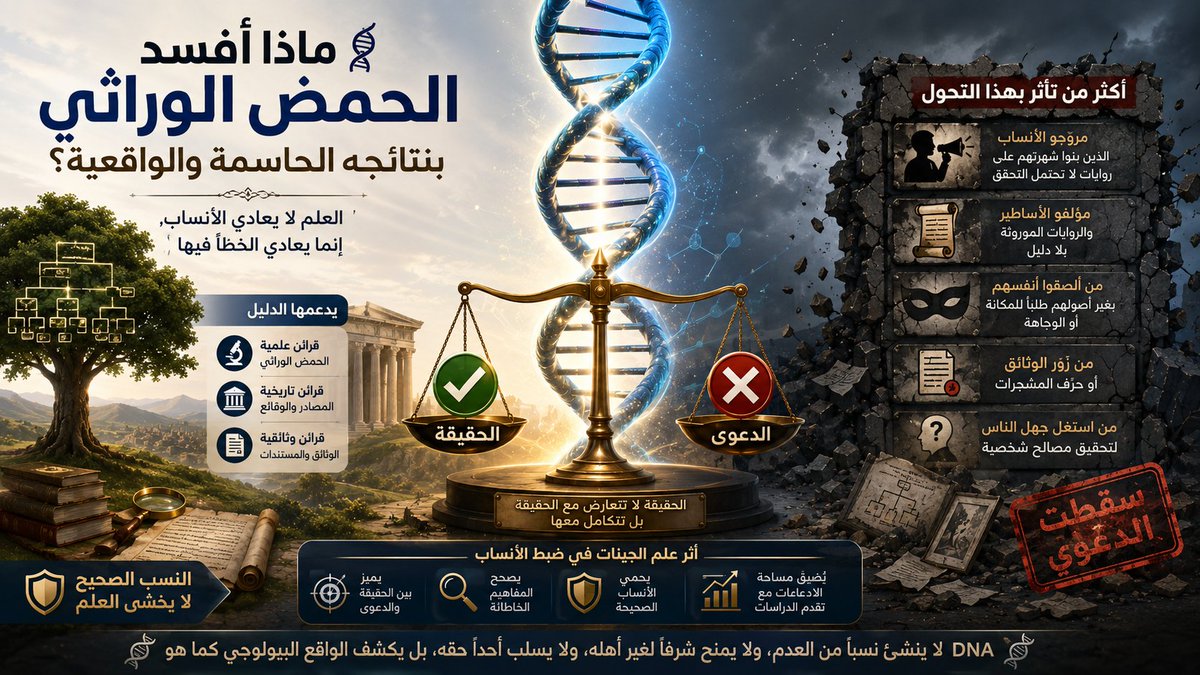 ac2020dna's tweet photo. 🧬 ماذا أفسد الحمض الوراثي بنتائجه الحاسمة والواقعية؟

🧬 لم يُفسد الحمض الوراثي (DNA) التاريخ، ولم يهدم الأنساب الصحيحة، ولم ينتقص من مكانة أحد، لكنه أسهم في تصحيح سوقٍ ازدهر طويلًا على الدعاوى غير الموثقة، والروايات الموروثة بلا دليل، والأساطير التي كانت تُتداول بوصفها حقائق مسلَّمة.

🔬 لقد جعل العلم الادعاء بحاجة إلى برهان، فلم يعد الاسم وحده كافيًا لإثبات الأصل، ولا الشهرة وحدها تغني عن القرائن العلمية 📚 والتاريخية 🏛️ المتكاملة.

⚠️ وأكثر من تأثر بهذا التحول هم مروّجو الأنساب الذين بنوا شهرتهم على روايات لا تحتمل التحقق، ومؤلفو الأساطير 🧾، ومن ألصقوا أنفسهم بغير أصولهم عمدًا طلبًا للمكانة أو الوجاهة، إضافة إلى من زوّر الوثائق 📄 أو حرّف المشجرات 🌳 أو استغل جهل الناس لتحقيق مصالح شخصية.

✅ أما النسب الصحيح فلا يخشى العلم، لأن الحقيقة لا تتعارض مع الحقيقة، بل تتكامل معها. فالحمض الوراثي 🧬 لا ينشئ نسبًا من العدم، ولا يمنح شرفًا لغير أهله، ولا يسلب أحدًا حقه، وإنما يكشف الواقع البيولوجي كما هو، ويضيف قرينة علمية قوية ⚖️ تُوزن مع الأدلة التاريخية 📜 والوثائقية 📂 عند دراسة الأنساب.

📈 ولهذا كان أثر الحمض الوراثي كبيرًا في إعادة ضبط كثير من المفاهيم، والتمييز بين الحقيقة ✅ والدعوى ❌، وبين البحث العلمي 🔬 والترويج للأوهام 🎭. ومع تقدم الدراسات وتزايد النتائج، تضيق مساحة الادعاءات، ويبقى ما تؤيده الأدلة، ويسقط ما بُني على الوهم أو التزوير أو التعصب.

🎯 فالعلم لا يعادي الأنساب، وإنما يعادي الخطأ فيها، ولا يحارب التاريخ، وإنما يصحح ما ثبت بالواقع أنه غير صحيح.

#الحمض_الوراثي #DNA #علم_الأنساب #الأنساب_الرقمية #البحث_العلمي #لا_تنشر_الجهل