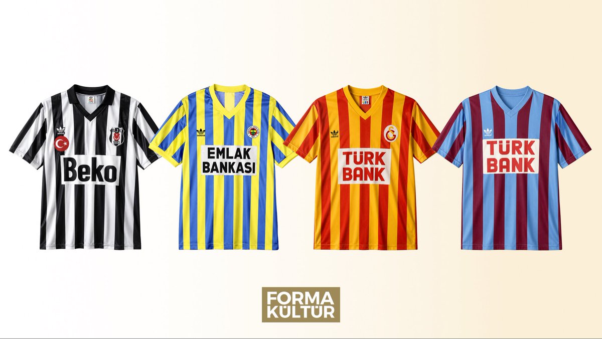formakultur's tweet photo. 1990/91 sezonunda 4 büyüklerin tamamının ince çubuklu adidas formaları vardı.

Aynı kalıp, 4 farklı renk…

🤩 Hepsi muntazam, hepsi muazzam. https://t.co/7g1GRMC9Ch