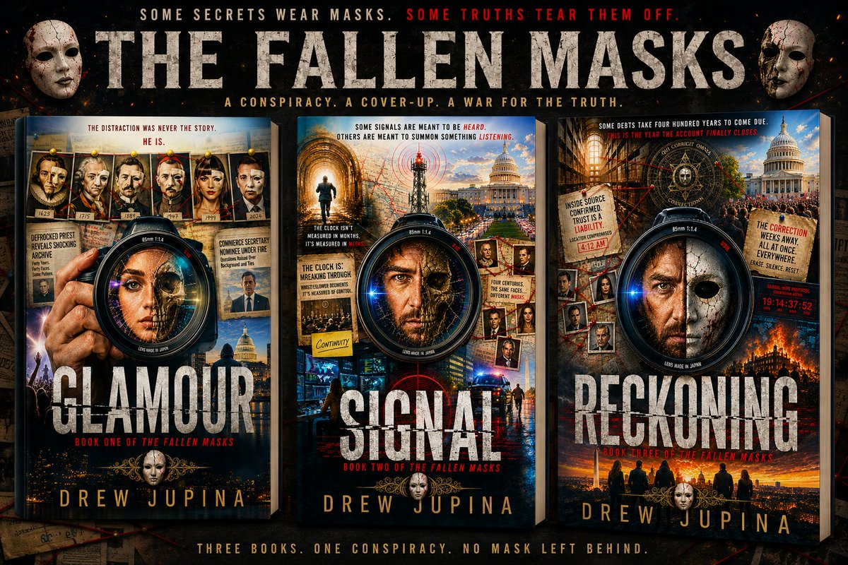 drewjupina's tweet photo. Out Now on Amazon and Kindle.

Glamour: https://t.co/IV4WwkMR9k

Signal: https://t.co/IZiAQ8XSi7

Reckoning: https://t.co/aA1WWEM1lP

THE FALLEN MASKS
 A Trilogy by Drew Jupina
For four hundred years, they have worn the world's most famous faces.

The Choir are fallen Watchers — ancient beings who traded compassion for control, and control for camouflage, hiding among senators and celebrities, financiers and philanthropists, using fame itself as the perfect place to disappear. They manage nations through currency and crisis, all of it invisible, all of it patient, protected by a single, permanent advantage: nobody has ever had a reason to look closely enough to see them slip.

Until a burned-out celebrity photographer catches one twenty-fourth of a second he was never supposed to see.

GLAMOUR begins the fall — a single accidental photograph, a forty-year archive kept by one man nobody believed, and the price of finally being believed by someone else. SIGNAL widens the war, as a small, exhausted coalition learns that the Choir they've exposed is only the visible layer of something far older, far more coordinated, and far more afraid of being seen than anyone imagined. And RECKONING brings it home: a mole inside their own ranks, a coordinated strike built to erase everything they've built in a single night, and a final confrontation with the thing that has been managing the Choir itself — for reasons more human, and more chilling, than anyone expected.

Across three books, The Fallen Masks follows an ever-growing found family of journalists, defectors, survivors, and ordinary people who refuse to look away — building, one dangerous alliance at a time, the thing their enemies never accounted for: an opponent patient enough, and connected enough, to outlast them.

This is not a story about winning a war in a single, dramatic stroke. It's a story about what it actually costs to make sure the truth is never again fought for by one person, alone, in a room nobody else believes.

Some things wear masks for centuries. This is the trilogy about what it takes to finally make them slip.