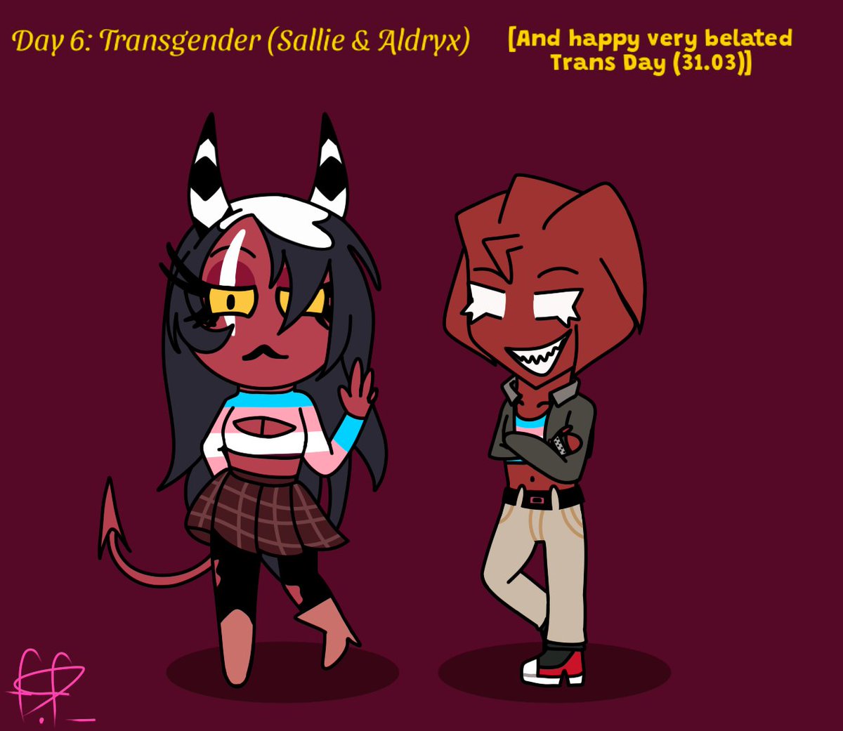 funki_friday's tweet photo. Day 6: Transgender (Sallie &amp; Aldryx)
[And also happy very belated Trans Day (31.03)]
.
#fnfentity #fnfaldryx #HelluvaBoss‌fanart #HelluvaBoss‌ #salliemayfanart #transgender #pridemonth2026 https://t.co/dW4JsbjmW7