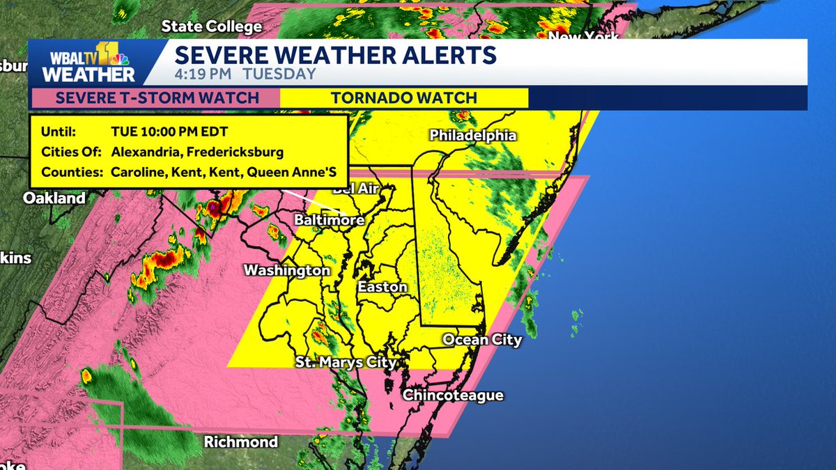 alenaleewx's tweet photo. Tornado Watch is in effect until 7/28 10:00PM. This means conditions are favorable for severe weather to develop including a tornado for those inside the area highlighted in yellow. Make sure to have multiple ways of receiving weather alerts. #wbaltv #mdwx https://t.co/xjFxIA7H3h