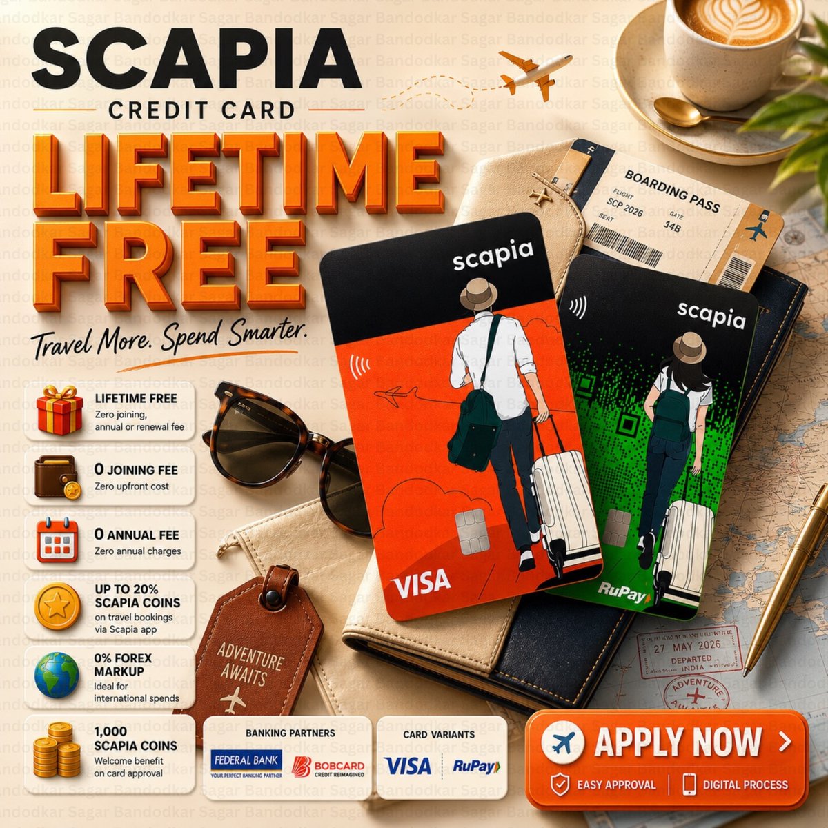 SagarBdkr's tweet photo. 🚨What are you waiting for? Get the Scapia Credit Card today.

• Lifetime Free – ₹0 joining fee &amp; ₹0 annual fee
• Up to 20% Scapia Coins on travel*
• Unlimited Domestic Lounge Access*
• Visa &amp; RuPay variants from Federal Bank &amp; BOBCARD

Click here and apply now ↓↓↓