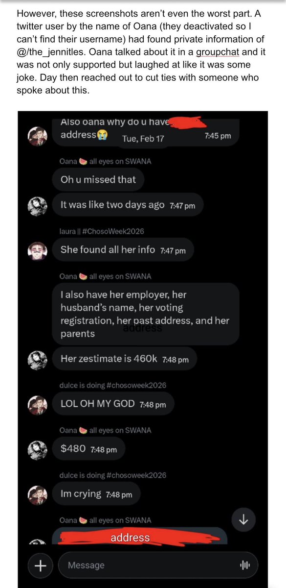 the_jennittles's tweet photo. any of you that are my friends who still follow any of these people please go fuck yourself. like actually. day laura dulce oana shifa and jem are straight stalkers. and yes my house is worth half a mil babes stay jealous. https://t.co/qfYHqj7Lsr