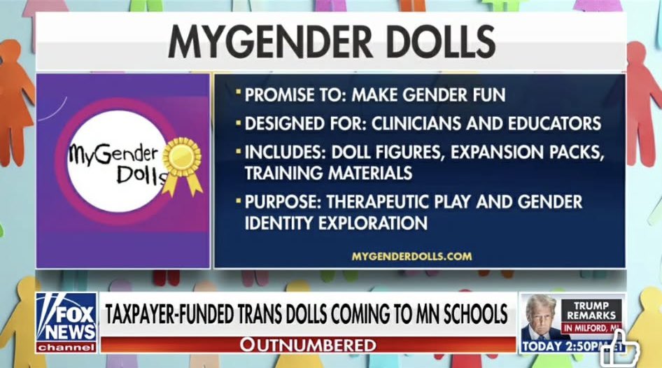 WildFlower1203's tweet photo. Coming soon to a classroom near you. Minnesota is up first. This is what your tax money will be funding. Trans dolls for kids to “explore other options.” 
Imagine telling a child they weren’t perfectly &amp; wonderfully made. Evil doesn’t even hide anymore. 😡 https://t.co/Lz1NTxuIrT