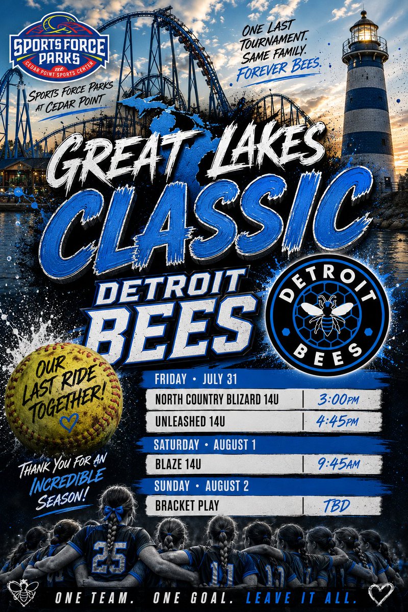 LilyCrushesIt30's tweet photo. One last tournament, same family, forever Bees 🐝💙

It’s crazy to think this is our final weekend stepping on the field together. From the very first practice to this last ride at Cedar Point, every single moment, laugh, and memory with this team has meant everything.

To my coaches: thank you for pushing us, believing in us, and making us better players and teammates. To my girls: we’ve been through it all together. You aren't just teammates, you're family.
Let’s leave it all out there this weekend and make it one to remember! 🥎✨

#ForeverBees #LastRide #SoftballFamily #DetroitBees #softball

@raj_manjrekar @ExtraInningSB