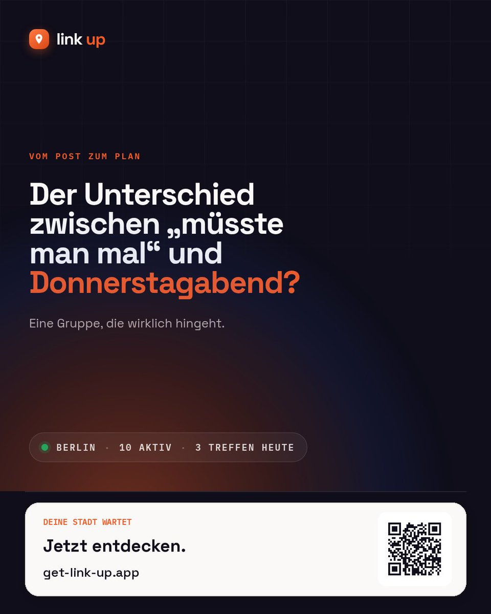 getLinkUpApp's tweet photo. Der Gruppenchat: „Müssten wir echt mal machen.“
Drei Wochen später: nichts.

Link Up ist für die Leute, die aus „mal schauen“ einen echten Plan machen.

Was geht bei dir diese Woche? → https://t.co/VTVQmxmDmw https://t.co/a8sPwWSF9o