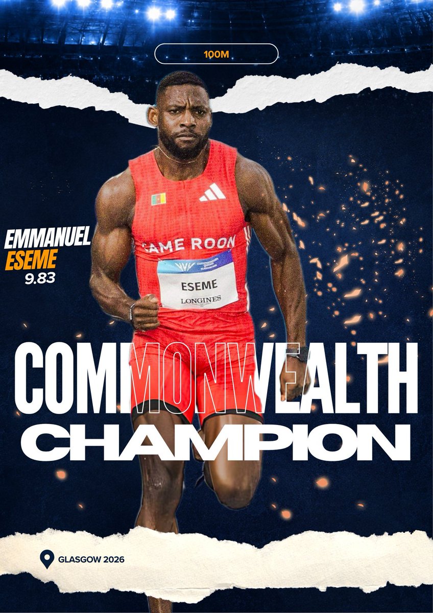 TheCameroonianZ's tweet photo. Médaille d'Or pour Eseme Emmanuel Alobwede #Glasgow2026.

*Nouveau record national et personal best (9"83).

#Cameroon🇨🇲 #CommonwealthGames https://t.co/CgxoxdseXu