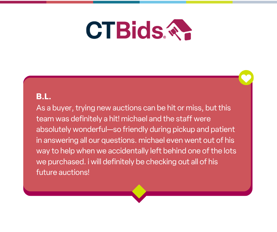 CTBids_'s tweet photo. Getting a glowing 5-star review from our amazing buyers totally makes our day. Knowing our team made your auction experience smooth, friendly, and helpful is everything to us. Thank you for the incredible love and support! https://t.co/j8EeE7pjGz
