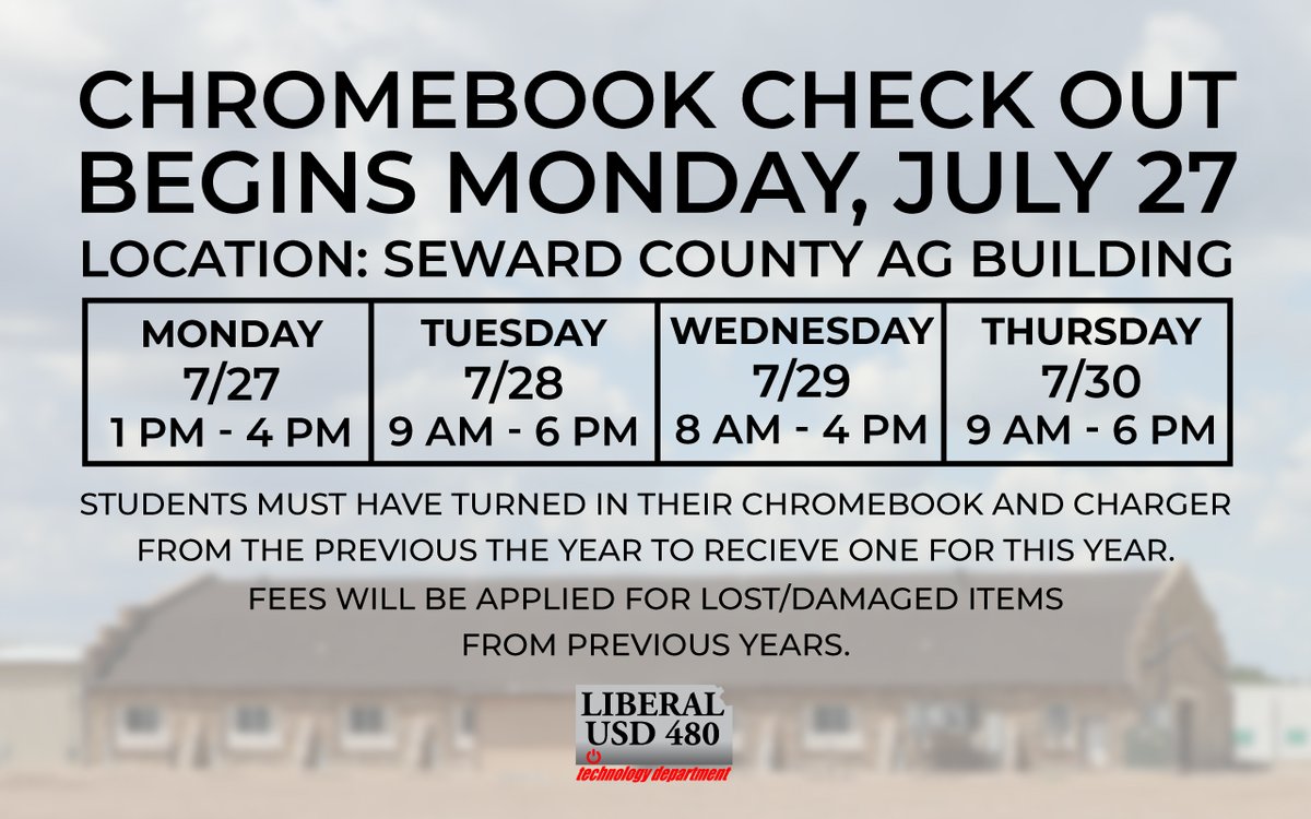 USD480's tweet photo. We are halfway through Chromebook checkout! You have two more days to stop by the Seward County Ag Building to pick yours up. Remember this is for ALL LHS students and Eisenhower and Seymour Rogers 6th and 7th graders. 8th graders will pick their Chromebooks up next week. https://t.co/JmAGm5r4Um