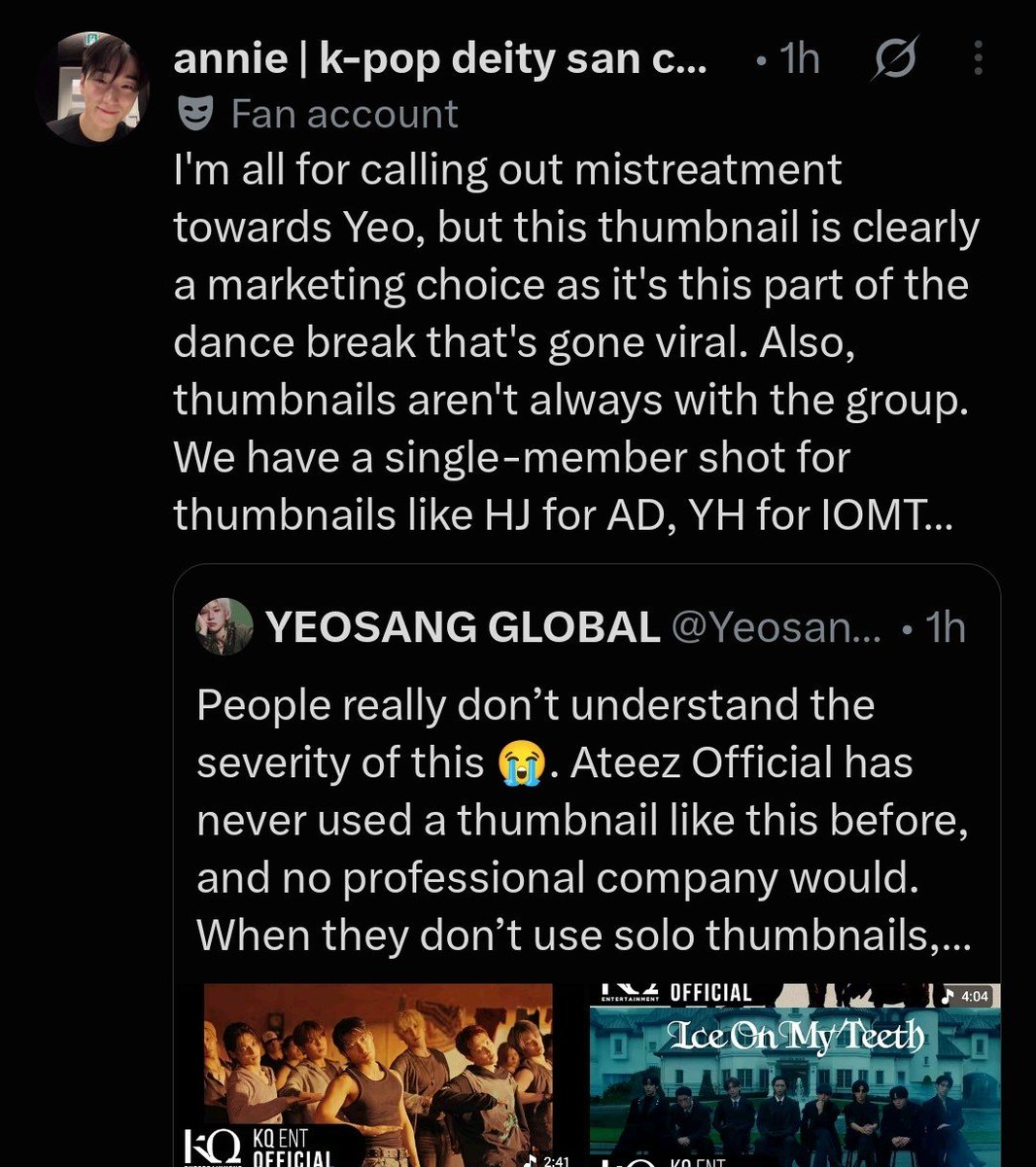YeosangGlobal's tweet photo. genuinely crazy that we still have people like this in our qrts despite this being the craziest thing kq have done yet, we wouldn't have said anything if it was a solo thumbnail bc that's literally the norm for thumbnails but notice the difference between the 3rd and 4th screenshot ? do you see how they angled better to show that there are 8 members in bouncy.?