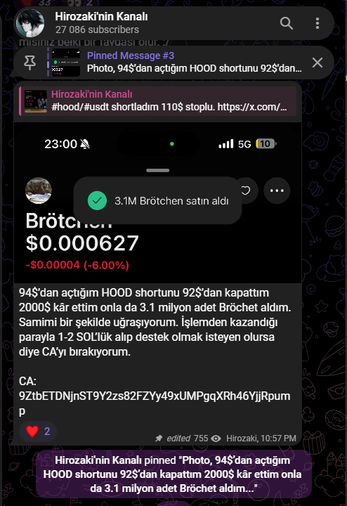 BazookaXBT's tweet photo. Hirozaki yine yok onu shortladım bunu shortladım, 2K (bu adam milyon kaldırmıyor muydu ya?) kaldırdım, onunla 3.1M #Brötchen aldım diyor? Cüzdana baktığımızda ise evet 3.1 M almış ama birkaç dk önce #HeavyPulp diye başka bir meme'i dumpladığı parayla. Bu insanlar neye inanacak? https://t.co/gDM5yC9NSw
