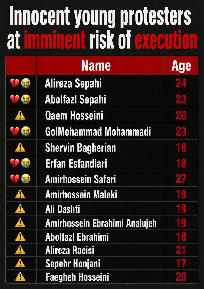 amyy7belle's tweet photo. 🆘BE THEIR VOICE🆘
The imminent risk of execution for 14 defendants in the #Alikhani_Square case!⚠️
Five of them have been executed!
The others have been transferred to solitary confinement and have had their last visits with their families!
SPEAK FOR THEM
#StopExecutionsInIran https://t.co/UnWbXkbISW