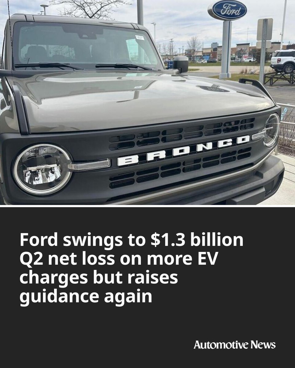 Automotive_News's tweet photo. Ford Motor Co. reported a second-quarter net loss of $1.3 billion tied to the cost of changing its electric vehicle plans, but the automaker raised its full-year financial outlook because of strong pricing and a resilient U.S. market.

#Ford #EVs #EV #electricvehicles #automotive https://t.co/zcEioY15Bu