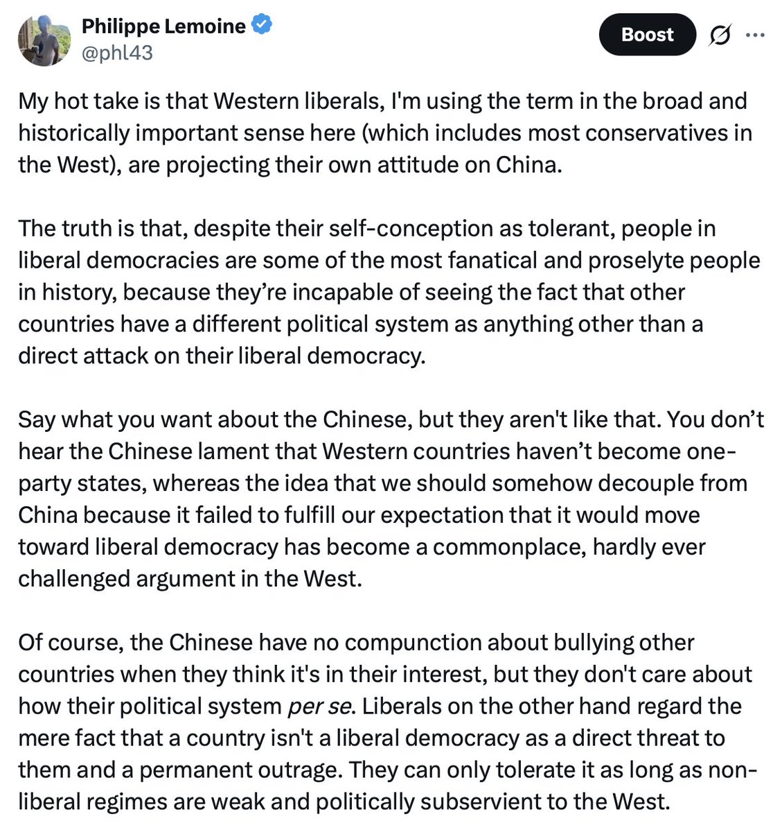 phl43's tweet photo. Even putting aside that it's fucking stupid because it fuels the paranoia of officials in authoritarian countries, something that liberal imperialists would recognize if they were capable of self-awareness since they're at least as paranoid as them, I really don't understand this missionary attitude at the psychological level.

Why do people feel such a need to meddle in other people's business? Once again, it's a major and totally under-discussed problem that liberals, I'm using that word in the broad sense of the term here, are some of the most fanatical and proselyte people in history and see the mere existence of other political systems as a permanent outrage and a direct attack on them.