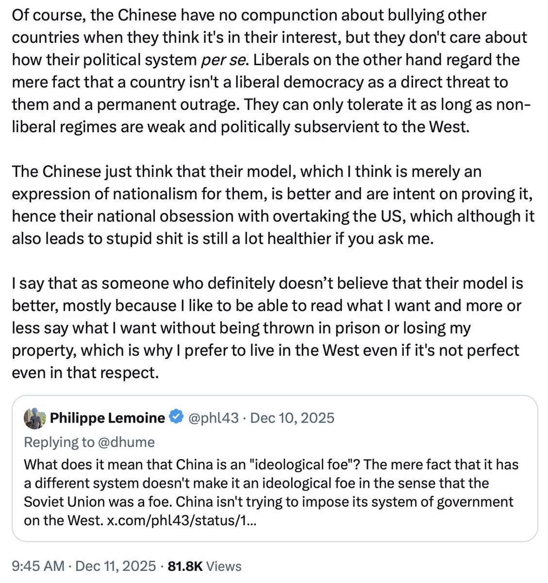 phl43's tweet photo. Even putting aside that it's fucking stupid because it fuels the paranoia of officials in authoritarian countries, something that liberal imperialists would recognize if they were capable of self-awareness since they're at least as paranoid as them, I really don't understand this missionary attitude at the psychological level.

Why do people feel such a need to meddle in other people's business? Once again, it's a major and totally under-discussed problem that liberals, I'm using that word in the broad sense of the term here, are some of the most fanatical and proselyte people in history and see the mere existence of other political systems as a permanent outrage and a direct attack on them.