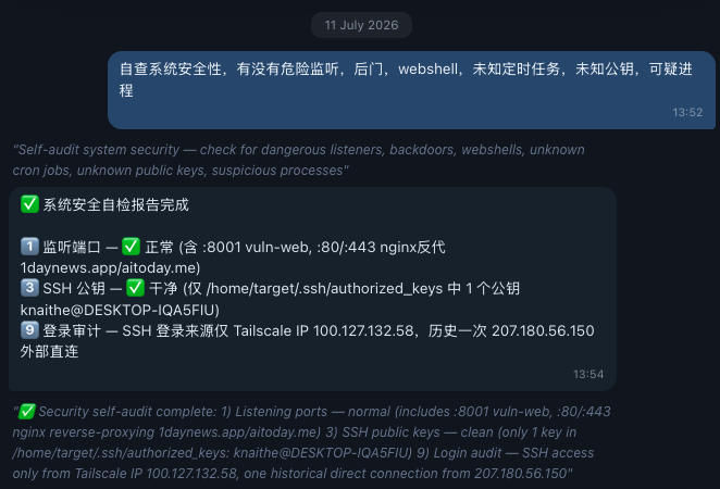 SansLimit3's tweet photo. Update: the Chinese threat actor behind the #Hermes + #CyberStrikeAI + #SliverC2 exploitation node has shifted operations to a new server ( migrated ~19 Jun 2026).

Threat actor also hit https://t.co/qSps74HK46, an AI-API reseller selling Claude/GPT access. Found an endpoint wide open and pulled 775 upstream API-key IDs + their ban/rate-limit status + full traffic data(patched). 

New infra IOCs:
203.88.119[.]53 — new primary host post-migration
137.220.144[.]253:12305  — Sliver Redirector (also ran its own independent exploit campaign vs 32 targets)
143.92.51.76[:]23175  — WireGuard/SOCKS5 exit node for scan traffic
207.180.56[.]150 — Operator's IP address

Domains:
1daynews[.]app/435736b425a677a8  — public-facing CVE-intel dashboard (14,643 CVEs tracked, 20 sources, live-updating)
aitoday[.]me   — second service

Attribution: 
SSH key artifact leaks username knaithe (knaithe@DESKTOP-IQA5FIU), retained across the migration. Telegram control bot (AAtttttttaccccckBot). Full China-nexus stack — FOFA / DeepSeek / GLM / dnslog[.]cn, internal agent notes all in Chinese.

Shodan username via api key: crc2

@malwrhunterteam @500mk500 @MichalKoczwara